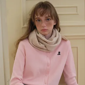 Cardigan en maille rose avec logo et écharpe en laine beige pour un look d'hiver épuré