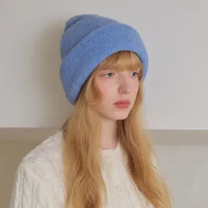 Solid Color Wool Blend Knit Beanie Hat For Women Winter Double Layer Thickened Warm Seamless Textured Slouchy Skull Cap