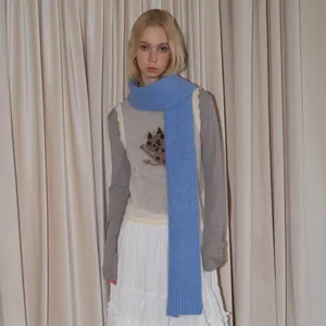 Minimalist light blue wool knit scarf with ribbed ends for women winter styling