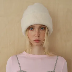 Chic off-white wool blend knit beanie for women featuring a seamless thick design