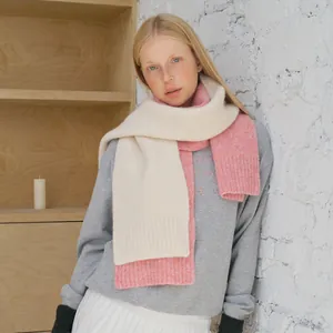 Soft pink and cream color-block wool blend knitted scarf for winter styling