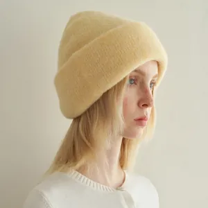 Pale yellow wool blend beanie with seamless double-layer design for winter warmth