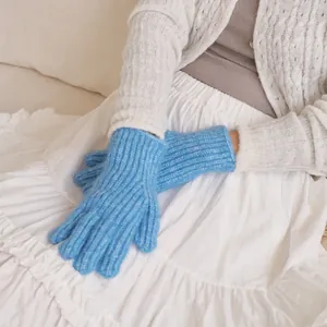 Blaue gerippte Strickhandschuhe aus Wollmischung für Damen mit warmem Strickbündchen