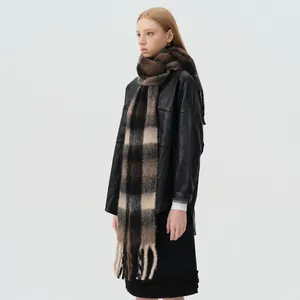 Thick wool blend plaid scarf in black and brown with long fringes for men and women