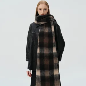 Thick wool blend plaid scarf in black and brown with fringe for men and women