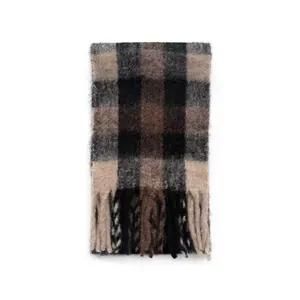 Brown and black plaid wool blend scarf with thick fringe tassels for men and women