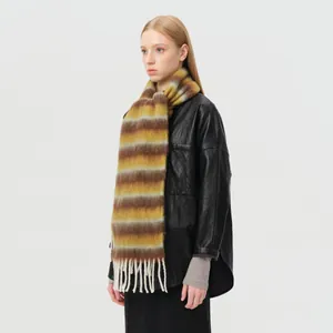 Rainbow striped alpaca wool blend scarf with fringe for winter in yellow and brown