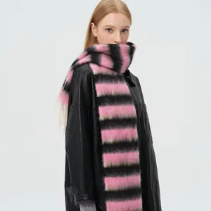 Rainbow striped alpaca wool blend scarf with pink and black patterns and white tassels