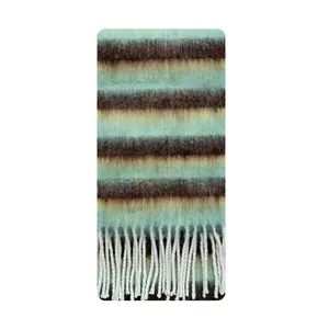 Striped alpaca wool blend scarf with fringe in mint, blue, and brown wide stripes