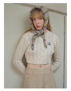 Detailed view of gray and yellow striped wool blend knit headscarf for a retro look