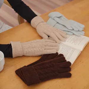 Gants en Mélange de Laine et Poil de Lapin Vintage pour Femmes Tricot à Torsades Hiver Chaud Écran Tactile Couleur Unie