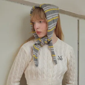 Striped wool blend hooded neckerchief and cable knit cardigan in minimalist Korean style