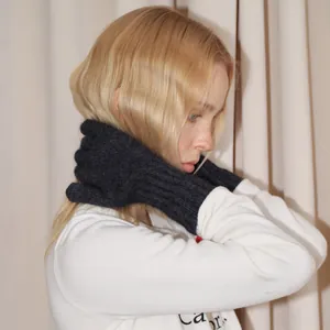 Dark grey knitted raccoon wool gloves for women with long ribbed cuffs for winter warmth