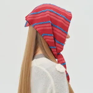 Chic pink and red striped wool blend knitted headscarf for autumn winter style