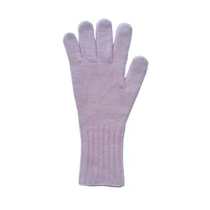 Pink raccoon wool blend touch screen knitted gloves with long ribbed cuffs for winter