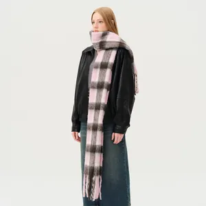 Women Plaid Wool Blend Scarf Winter Thick Warm Long Grid Shawl Wrap With Tassel Fringe Soft Elegant Minimalist Scarf