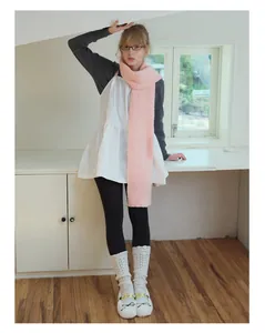 Detailed texture of a soft pink wool blend scarf paired with lace leg warmers