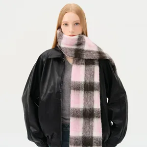 Pink and grey wool blend checkered winter scarf with thick fringes for women style