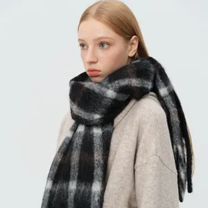 Thick wool blend plaid scarf in black and grey for women with fluffy texture
