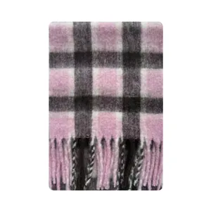 Pink and grey plaid wool blend scarf with tassels shown against a white background