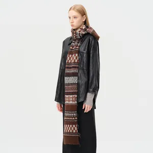 Women's Vintage Fair Isle Jacquard Knitted Scarf Wool Blend Thick Winter Warm Soft Long Scarf With Tassels Geometric Pattern Wrap