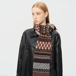 Fair Isle knit wool blend scarf with vintage geometric patterns and fringe edges