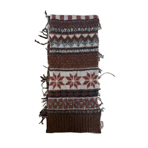 Vintage Fair Isle wool blend knit scarf with brown patterns and fringe details