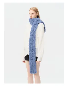 Detail of light blue curly wool knit scarf showing plush texture and warmth