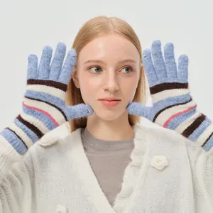 Women's Japanese Vintage Striped Wool Blend Knit Winter Gloves Full Finger Rainbow Thermal Jacquard Warm Outdoor Mittens