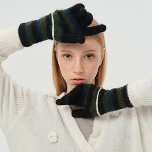 Rainbow striped wool blend fingerless gloves in navy and green for winter fashion