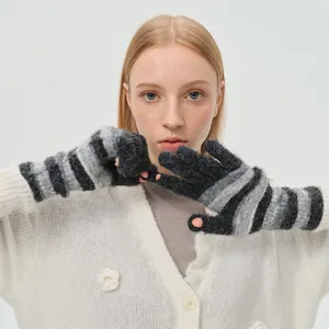 Designer grey striped mohair knit fingerless gloves for women in winter retro style
