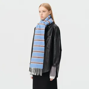Écharpe En Mélange De Laine À Rayures Pour Femmes Hiver Épais Chaud Bloc De Couleur Gland Châle Long En Tricot Doux Chic Élégant Cache-Cou Accessoire