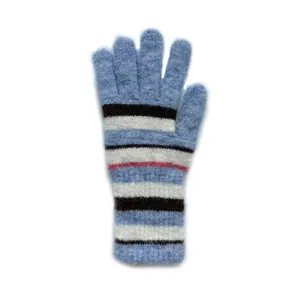 Light blue rainbow striped knitted wool gloves for women with cozy winter fleece texture