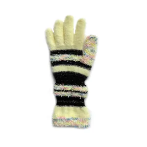 Winter-Strickhandschuhe gestreift in Gelb-Schwarz mit bunten Pelzakzenten
