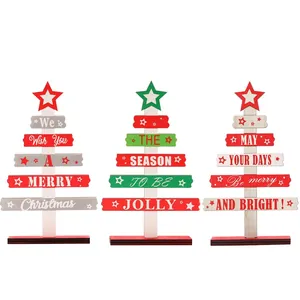 Three wooden Christmas tree tabletop decorations in red green and white holiday theme