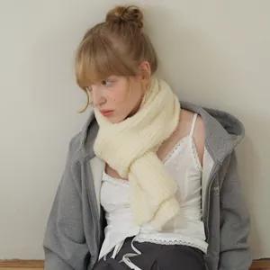 Soft cream white wool blend knit scarf with fluffy texture for autumn and winter