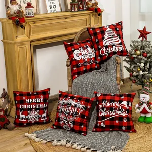 Christmas Buffalo Plaid Pillowcases Red Black Check Cushion Covers Square Decorative Reindeer Snowflake Print Pillow Covers Home Sofa Decor
