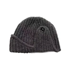 Dark grey chunky knit wool blend aviator hat with side button detail and ribbed texture