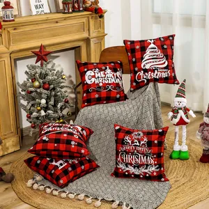 Set of 4 red plaid Christmas throw pillow covers with festive reindeer and tree prints