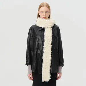 Women's 100% wool fuzzy knit scarf in creamy white paired with a black leather coat