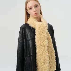 Long fluffy curly knit wool scarf in beige for women with cozy lamb-like texture