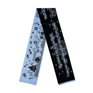 Double-sided knit Christmas scarf with snowflake and lettering in blue and black colors