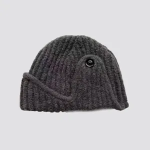 Dark grey wool blend knit aviator hat with decorative side button and folded layers