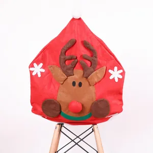 Red Christmas Santa hat chair cover with cartoon reindeer and white snowflake decorations