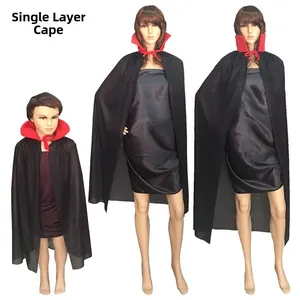 Detail of single-layer black cloak with red stand-up collar for Halloween cosplay