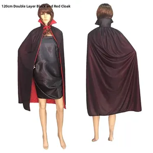 Detail view of 120cm double-layer black and red cloak with stand-up collar and ties