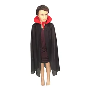 Detail of kids vampire cloak with red stand-up collar and black fabric ties