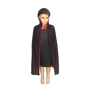 Detail of red stand-up collar and black fabric on the reversible kids vampire cloak