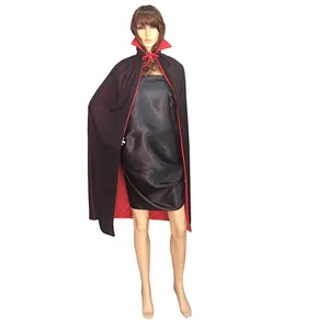 Detail of red stand-up collar and tie closure on black reversible vampire cape