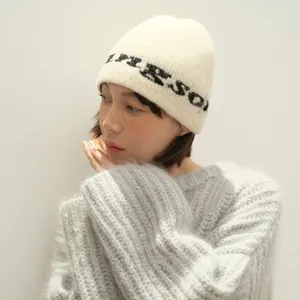 Damen Winter Warm Wollmischung Beanie Mütze Buchstaben Jacquard Nahtlos Weich Strickmütze Koreanischer Stil Minimalistisch Hut